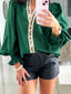 Puffy Flounce Sleeve Leopard Trim V Neck Blouse
