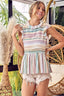 BiBi Multi Stripe Ruffled Neck Tiered Back Open Button Top