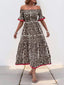 Perfee Leopard Off-Shoulder Flounce Sleeve Midi Dress