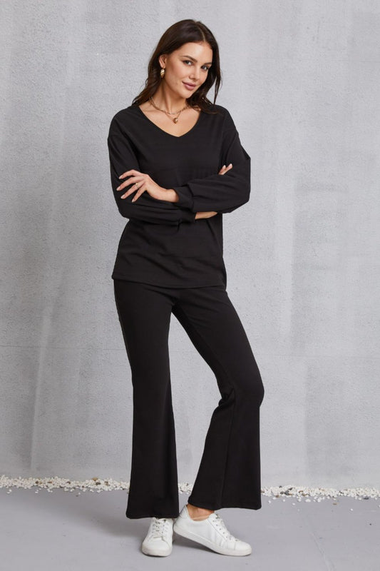 V-Neck Dropped Shoulder Top and Flare Pants Set