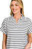 Zenana Striped Split Neck Collared Top