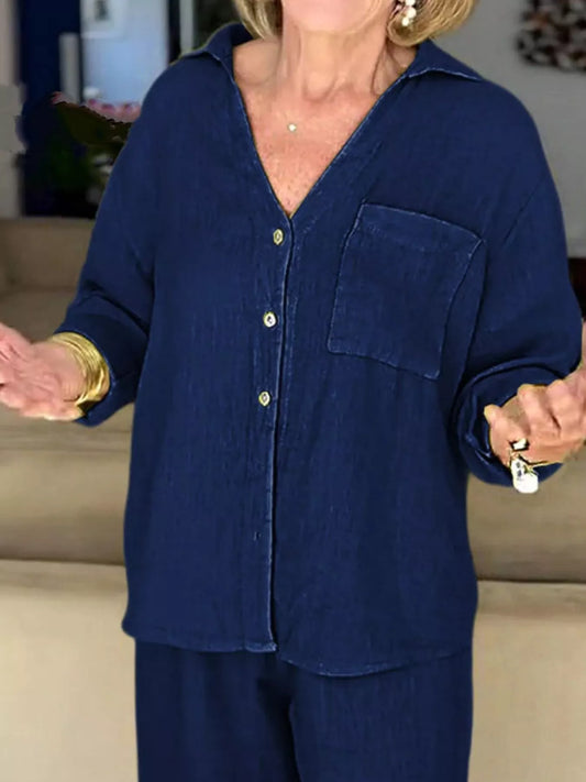 Full Size Button Down Shirt and Pants Set Plus Size