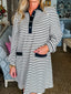 Stripe Buttoned Front Collared Long Sleeve T Shirt Dress with Pockets