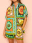 Printed Button Down Top and Drawstring Shorts Set
