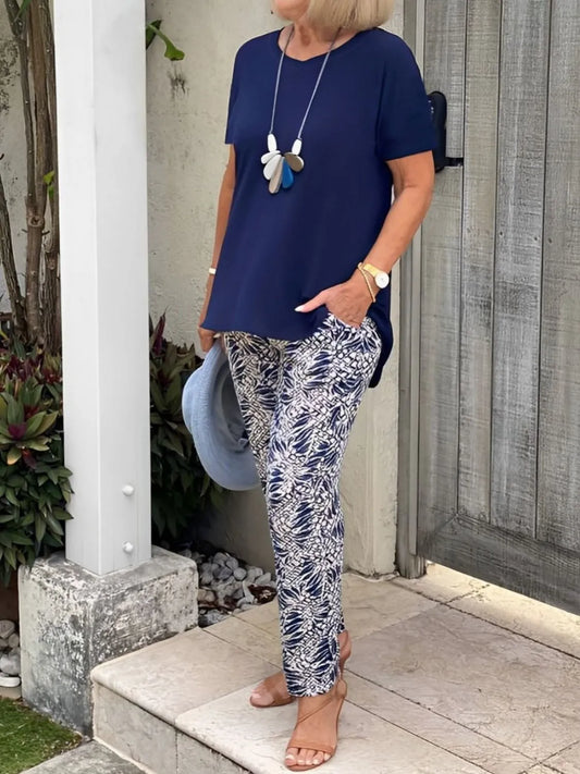 Full Size Round Neck Short Sleeve Top and Pants Set Plus Size