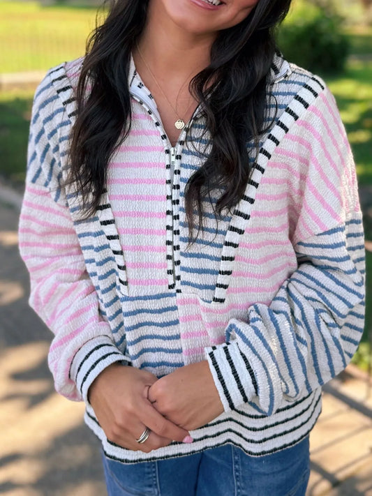 Striped Color Block Patchwork Half Zip Drop Shoulder Long Sleeve Top