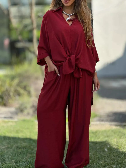 Full Size Collared Neck 3/4 Sleeve Top and Pants Set Plus Size