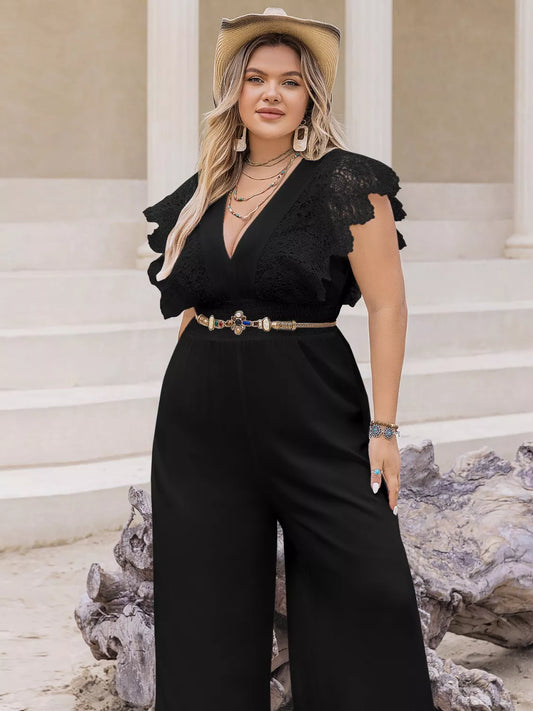 Plus Size Lace Cap Sleeve Wide Leg Jumpsuit
