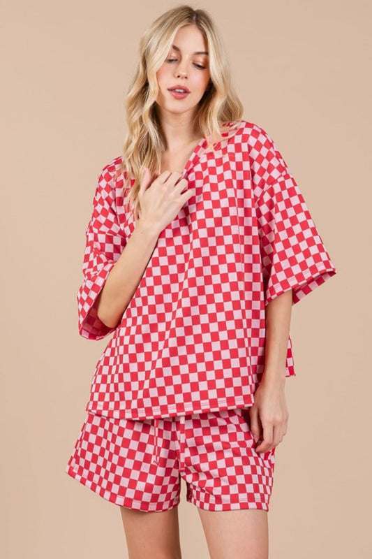 Ces Femme Checkered Round Neck Top and Shorts Set