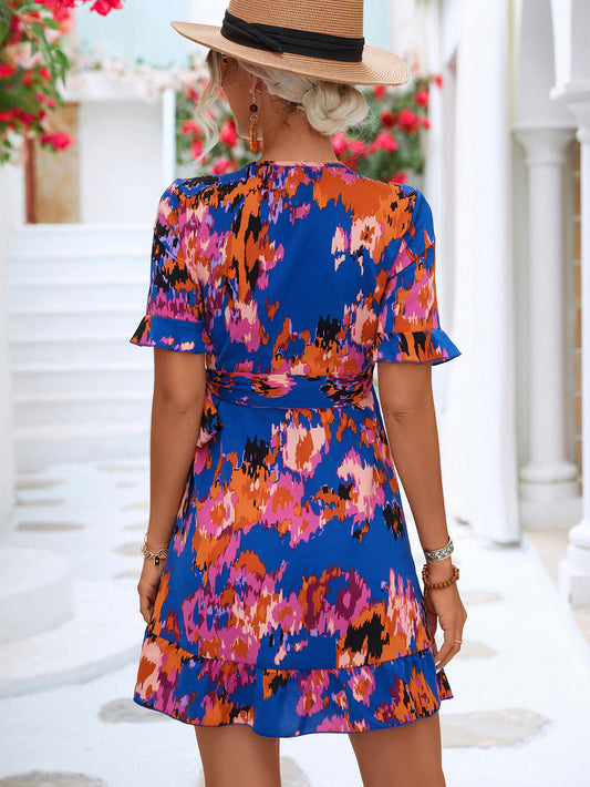 Printed Flounce Sleeve Tied Dress