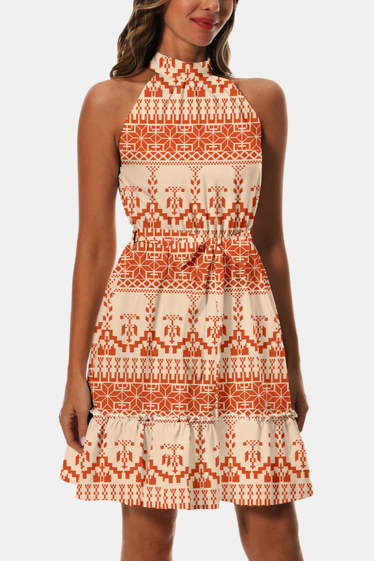 Printed Tie Waist Frill Trim Dress