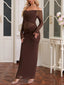 Off-Shoulder Ruched Mesh Long Sleeve Maxi Dress