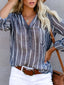 Striped Print V Neck Half Buttons Loose Blouse