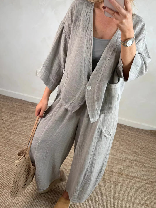 Full Size One Button Casual Top and Pants Set Plus Size