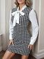 Houndstooth Print Tie Neck Long Sleeve Mini Dress