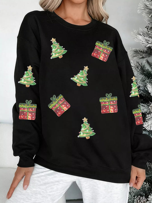 Sequin Christmas Trees Gifts Patched Drop Shoulder Sweatshirt