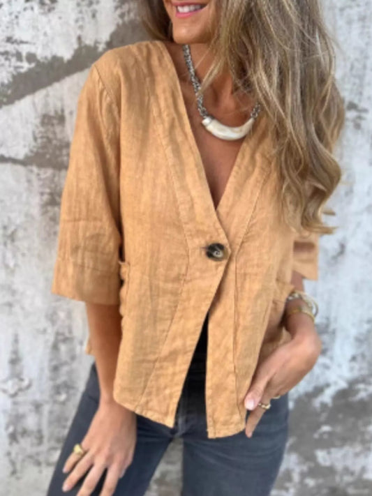 Full Size One Button V-Neck Shirt Plus Size