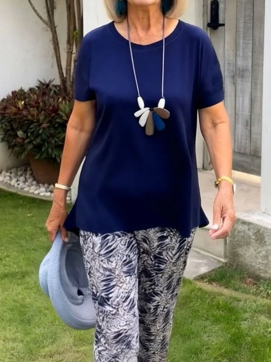 Full Size Round Neck Short Sleeve Top and Pants Set Plus Size