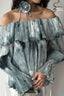 Printed Ruffled Off-Shoulder Blouse with Flower Neck Tie