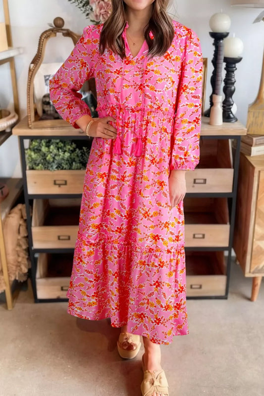 Floral Print Tie Neck Midi Dress