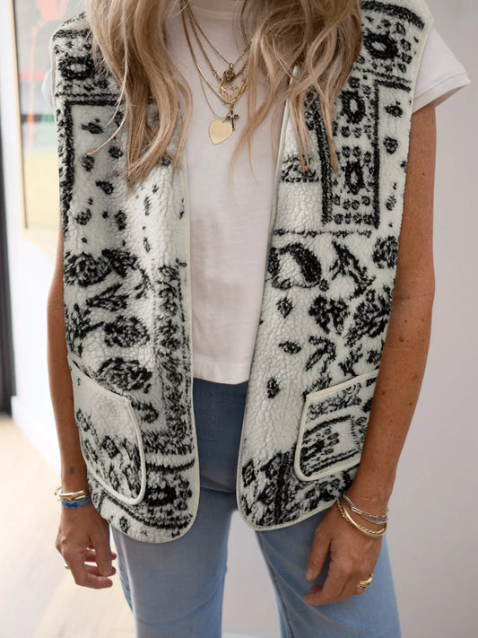 Sherpa Paisley Print Pocketed Western Fashion Vest Jacket