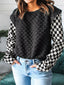 Textured Contrast Checkered Patchwork Long Sleeve Top