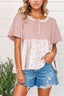 Waffle Floral Patchwork Exposed Seam Detail Short Sleeve Top