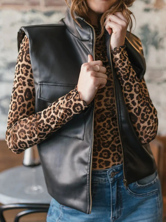 Leather Sleeveless Vest Coat with Zipper Closure