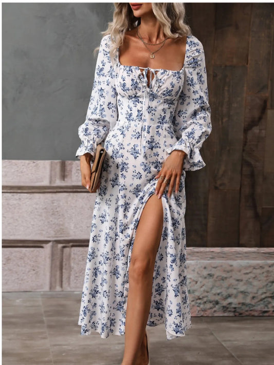 Floral Print Square Neck Flounce Sleeve Dress with Side Slit