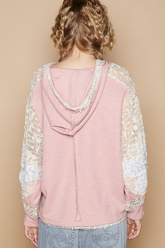 POL Star Patch Lace Long Sleeve Hooded Top