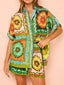 Printed Button Down Top and Drawstring Shorts Set