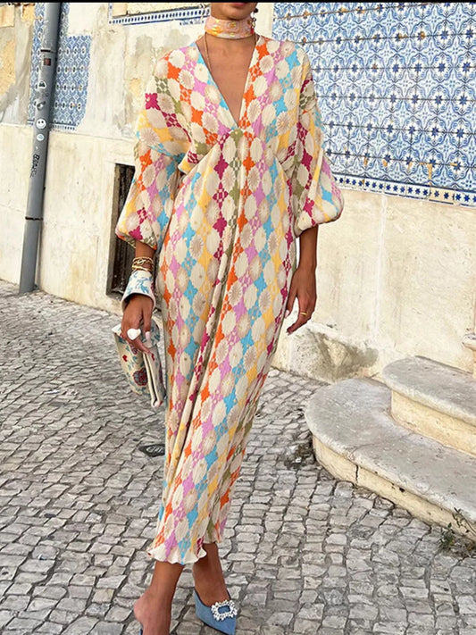 Full Size Printed Deep V-Neck Dress Plus Size