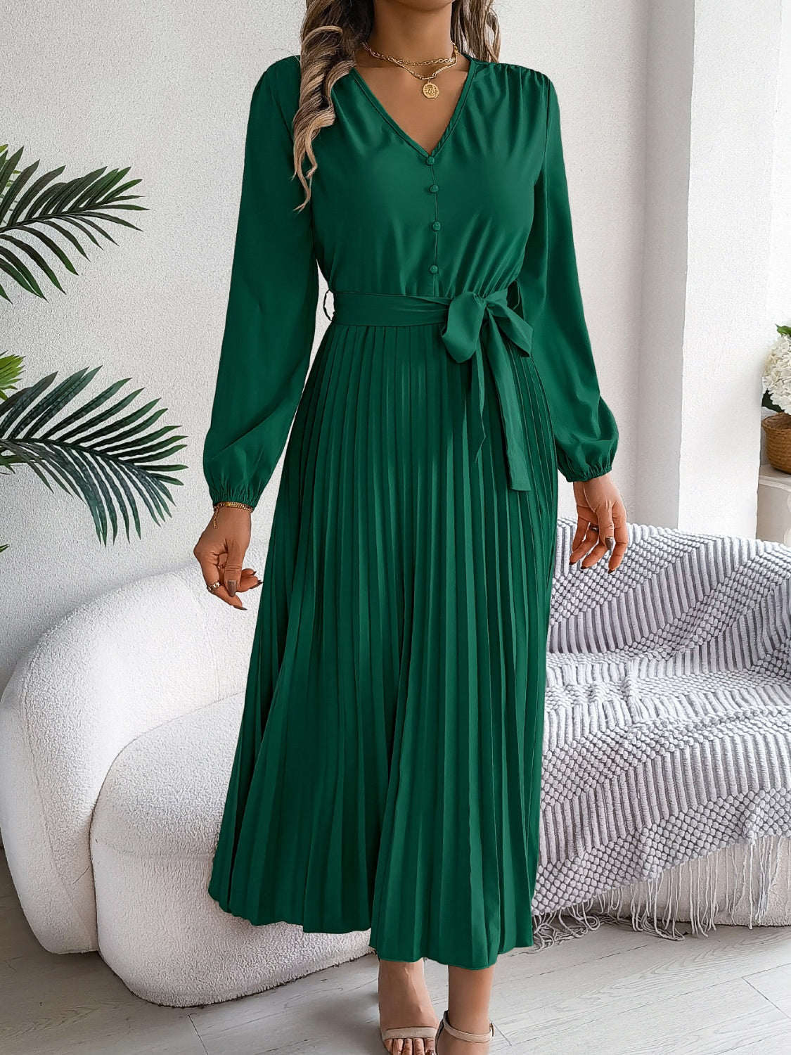 Pleated Tied V-Neck Long Sleeve Dress – Beyond Apparel