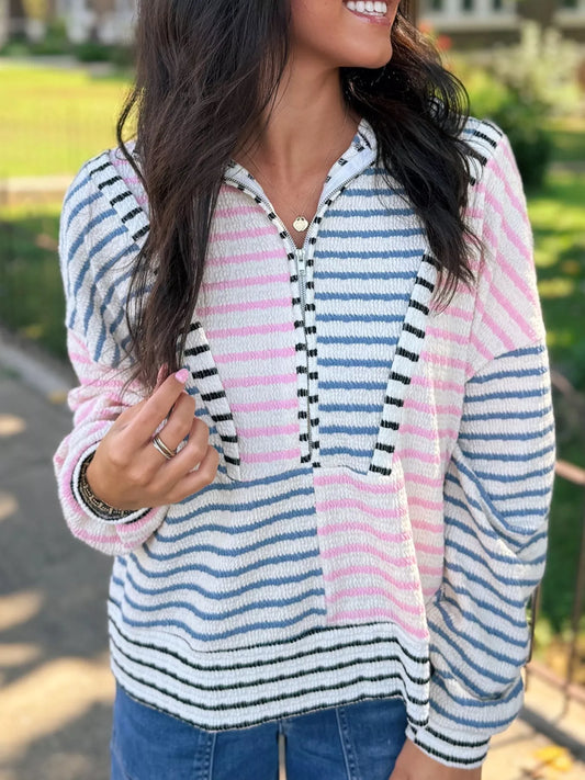 Striped Color Block Patchwork Half Zip Drop Shoulder Long Sleeve Top