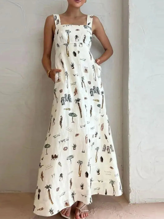 Full Size Printed Square Neck Tie Back Maxi Dress Plus Size