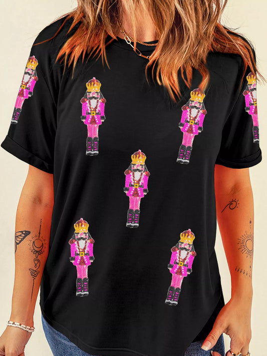 Sequin Patched Christmas Nutcracker Casual T Shirt