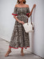 Perfee Leopard Off-Shoulder Flounce Sleeve Midi Dress