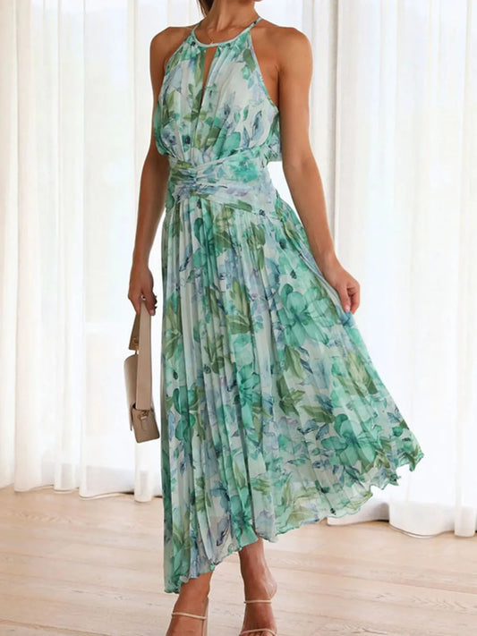 Floral Printed Sleeveless Pleated Dress