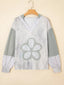 Floral Patched Waffle Textured V Neck Casual Hooded Top