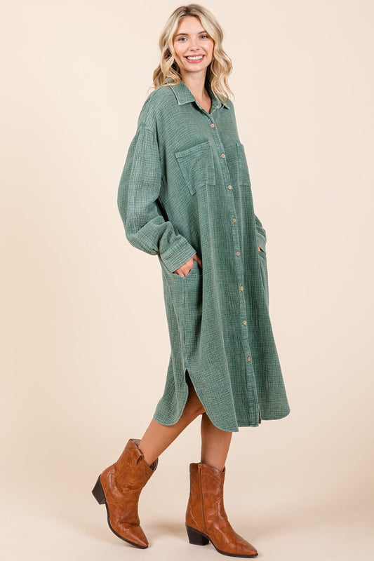 Mittoshop Mineral Wash Cotton Gauze Midi Shirt Dress