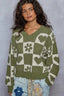 POL V-Neck Heart Pattern Checkered Sweater