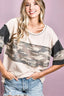BiBi Triblend Knit Out Stitching Color Block Camo Top