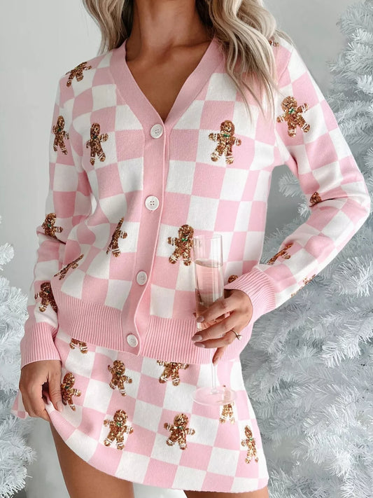 Gingerbread Checkered Cardigan and Skirt Sweater Set