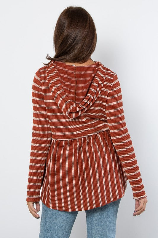 Be Stage Full Size Drawstring Striped Babydoll Hoodie