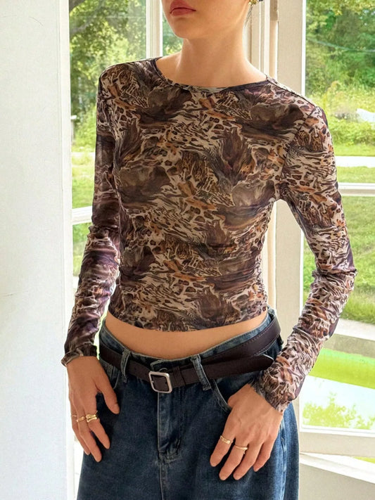 Leopard Print Long Sleeve Mesh Top
