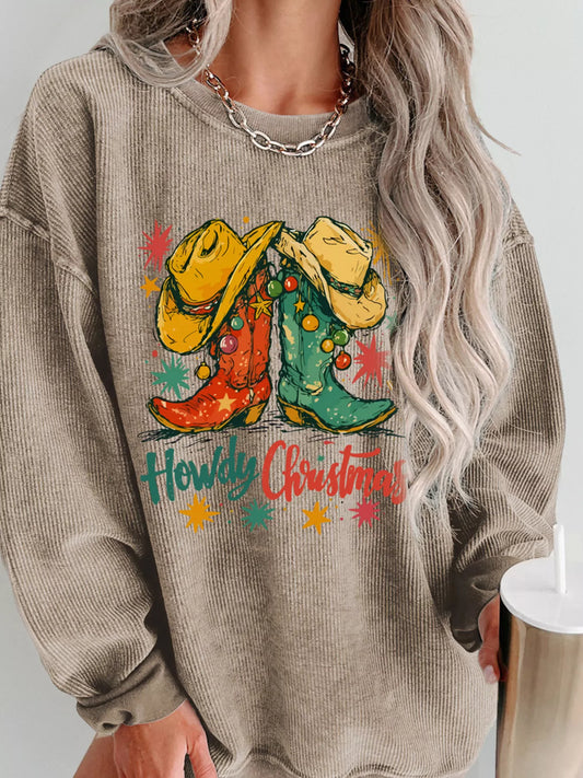 Howdy Christmas Cowboy Boots Graphic Corded Sweatshirt