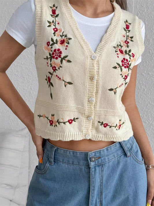 Embroidered Button Up Sweater Vest