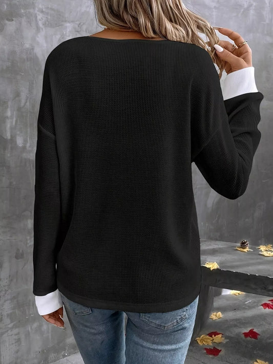 Plus Size V-Neck Long Sleeve Waffle Knit T-Shirt