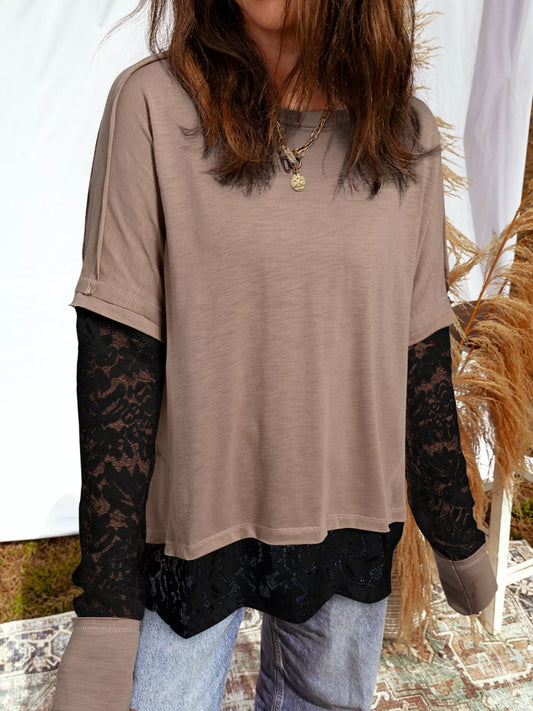 Sheer Lace Patchwork Casual Long Sleeve Tee