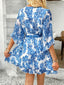 Devine Printed Surplice Ruffled 3/4 Sleeve Mini Dress